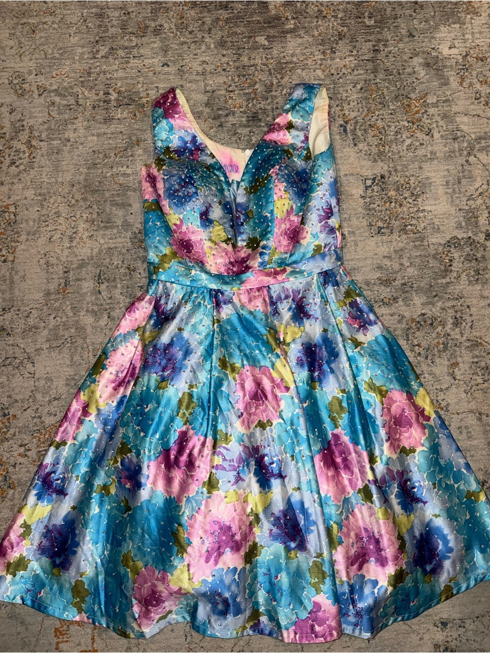 Jovani Blue and Pink Floral Fit-and-Flare Midi Dress A71